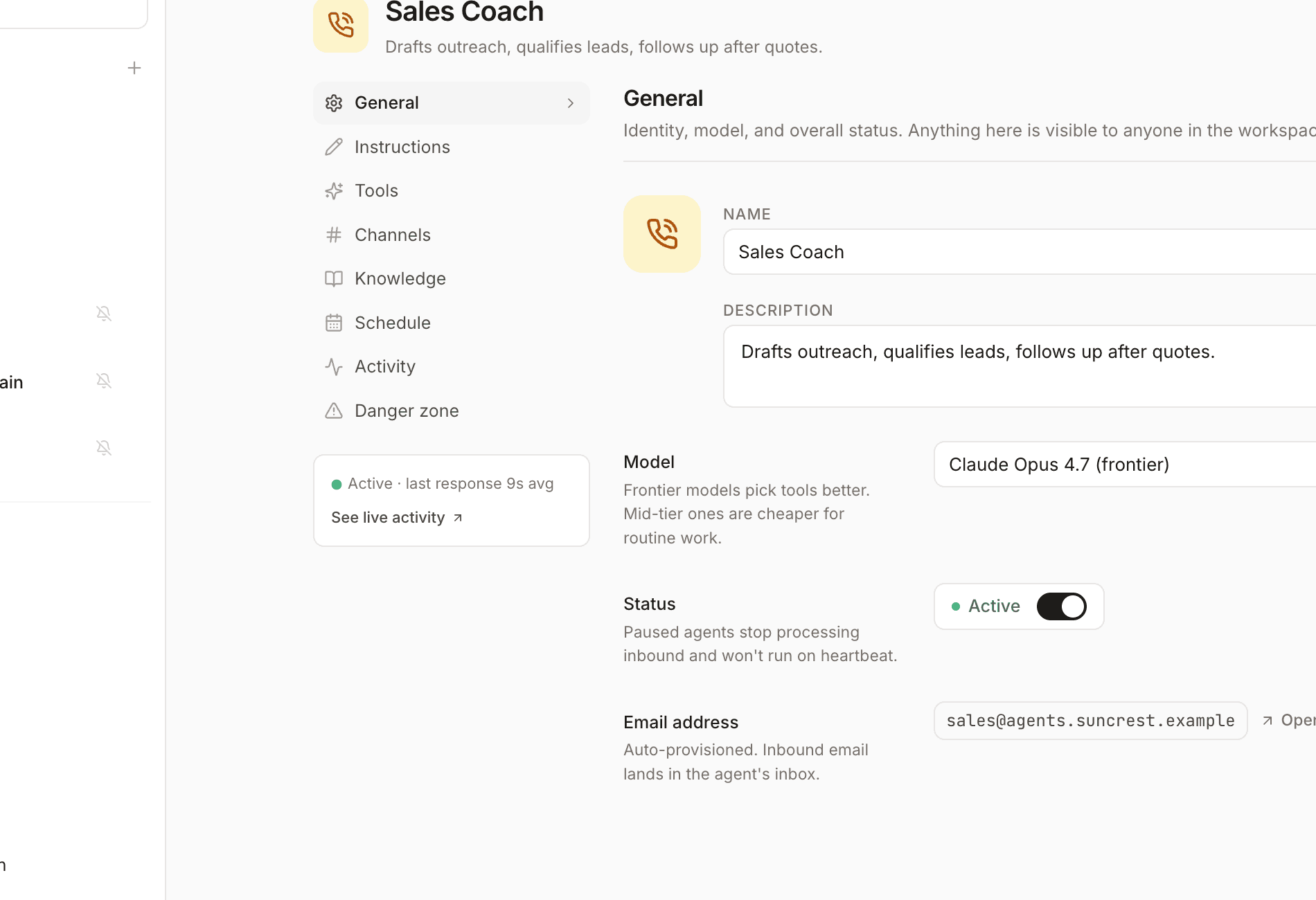 Agent settings page with a vertical tab sidebar and the General configuration panel open