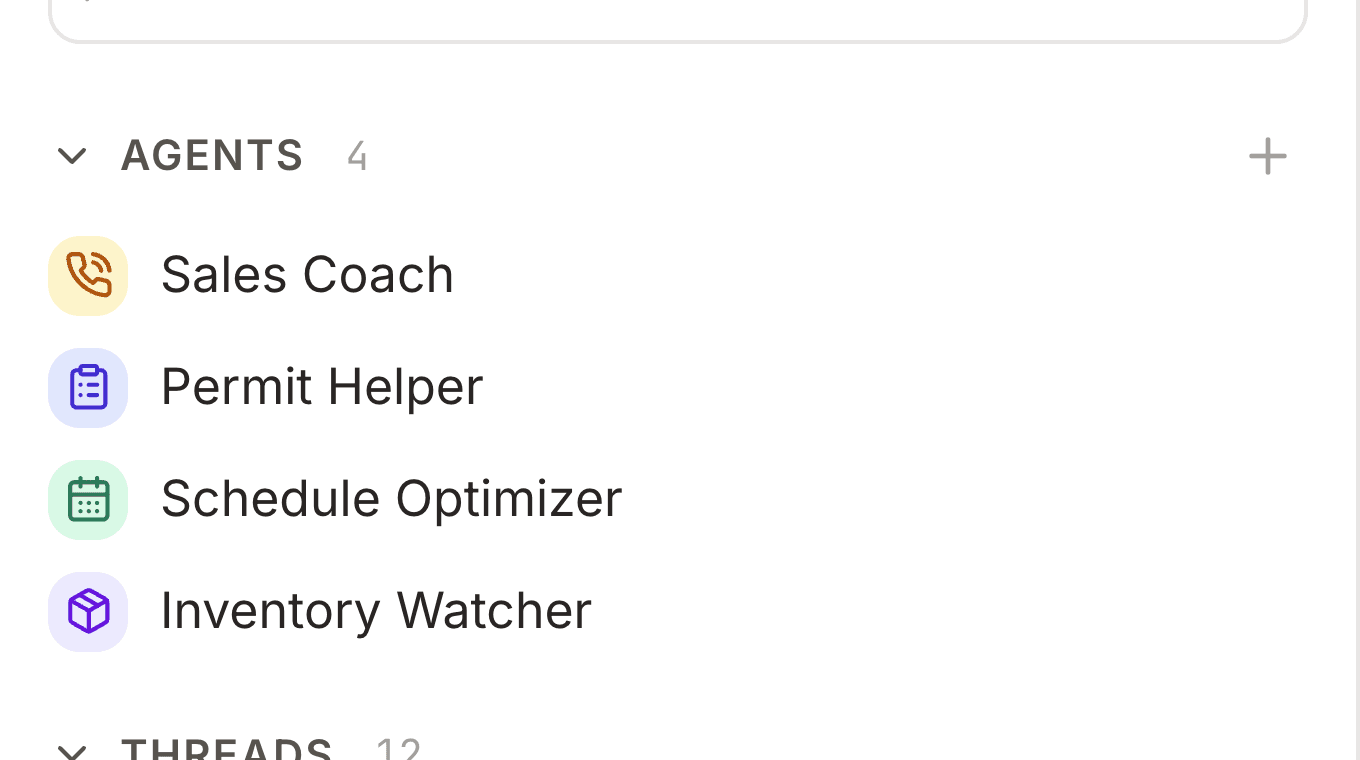 Agents sidebar section expanded with a list of agents and a plus button to create a new one