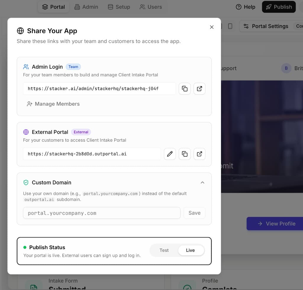 Share Your App modal: Admin Login team URL, External Portal customer URL, custom domain, and publish status